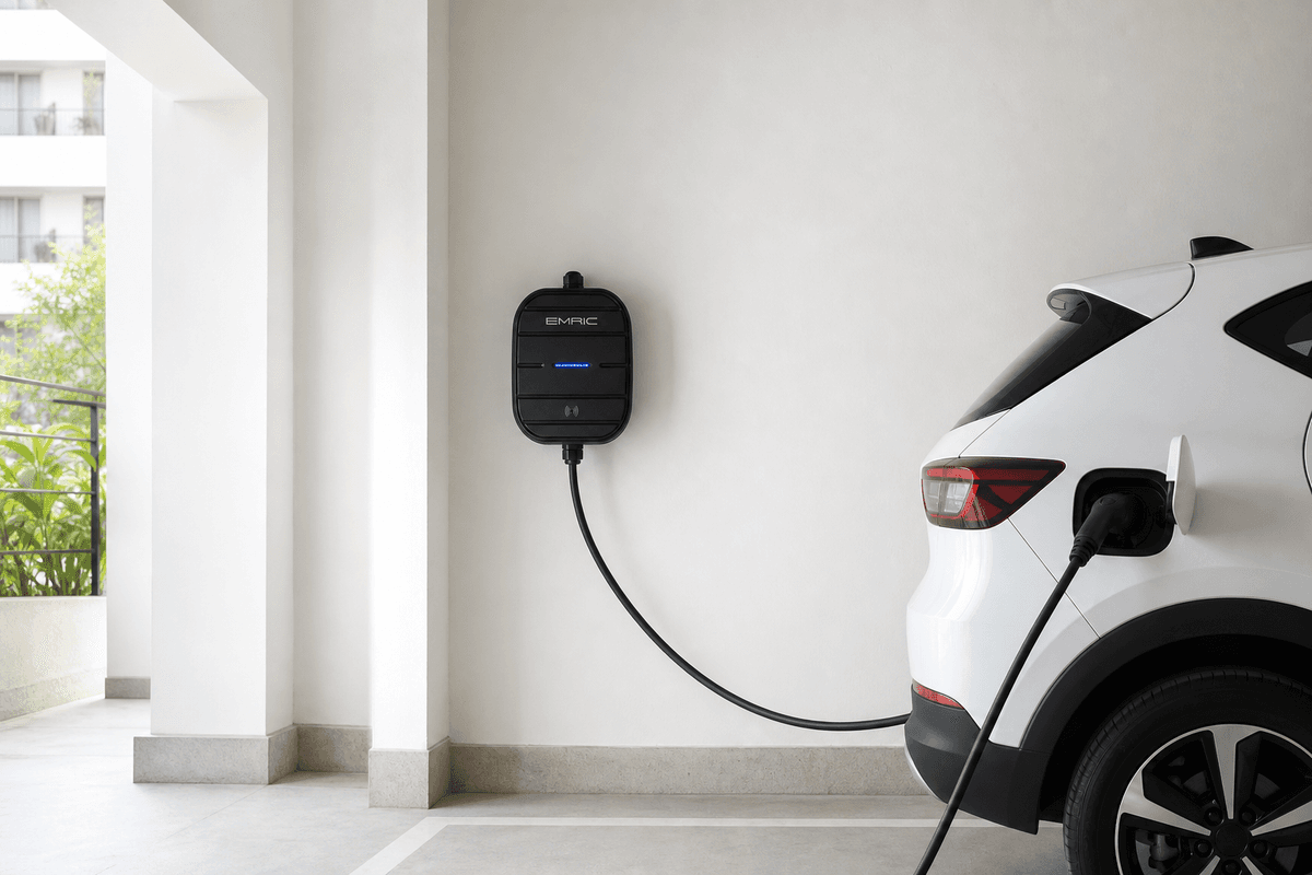 Emric home charger installed in a residential parking spot